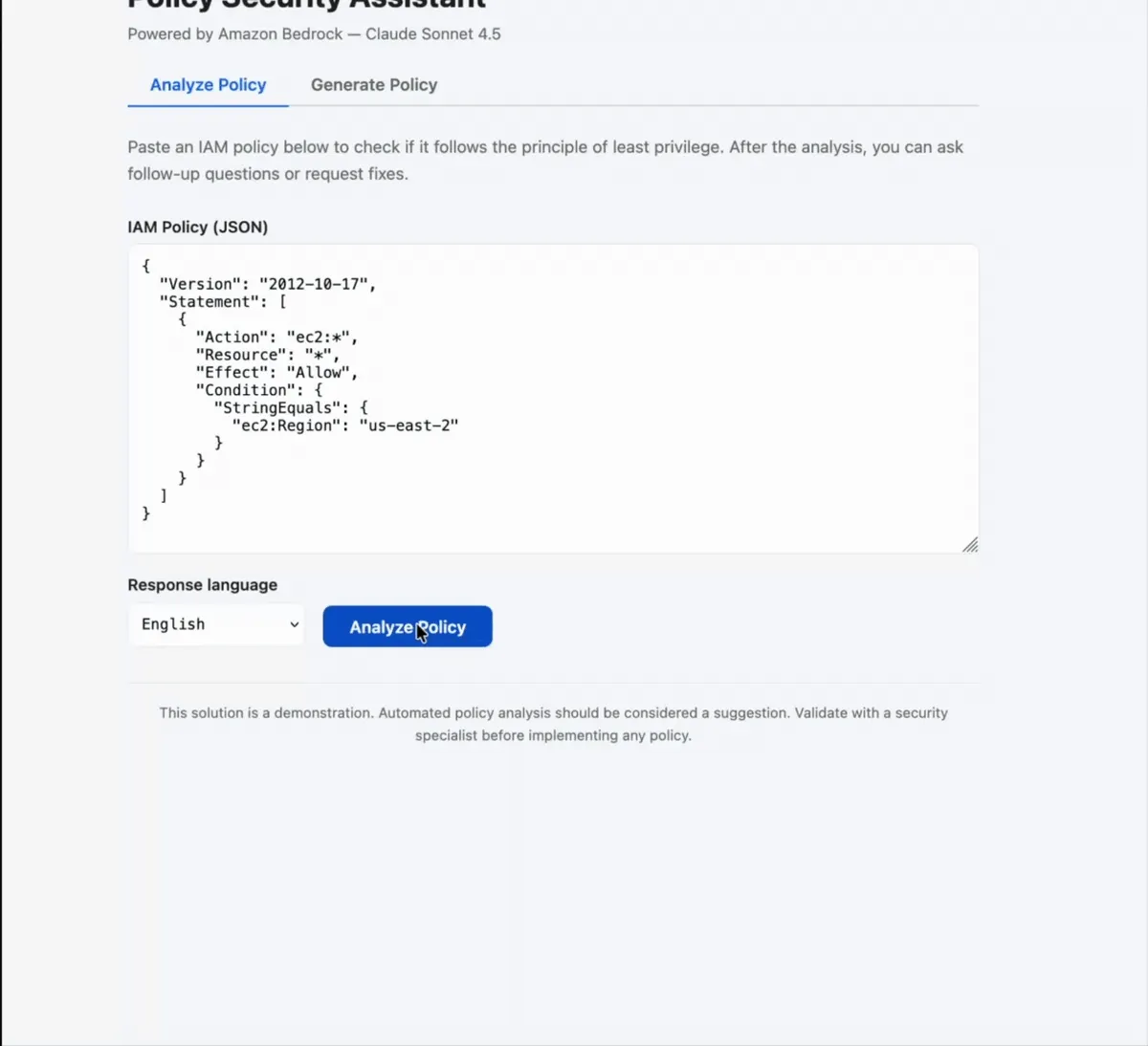 Demo of the self-service portal: the user pastes an IAM policy, receives the analysis with its compliance score, and refines the policy by chatting with the assistant.